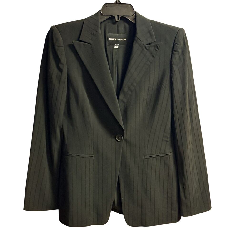 Giorgio Armani Blazer Black Size 40 Pinstripe Faux Pockets Button Made in Italy